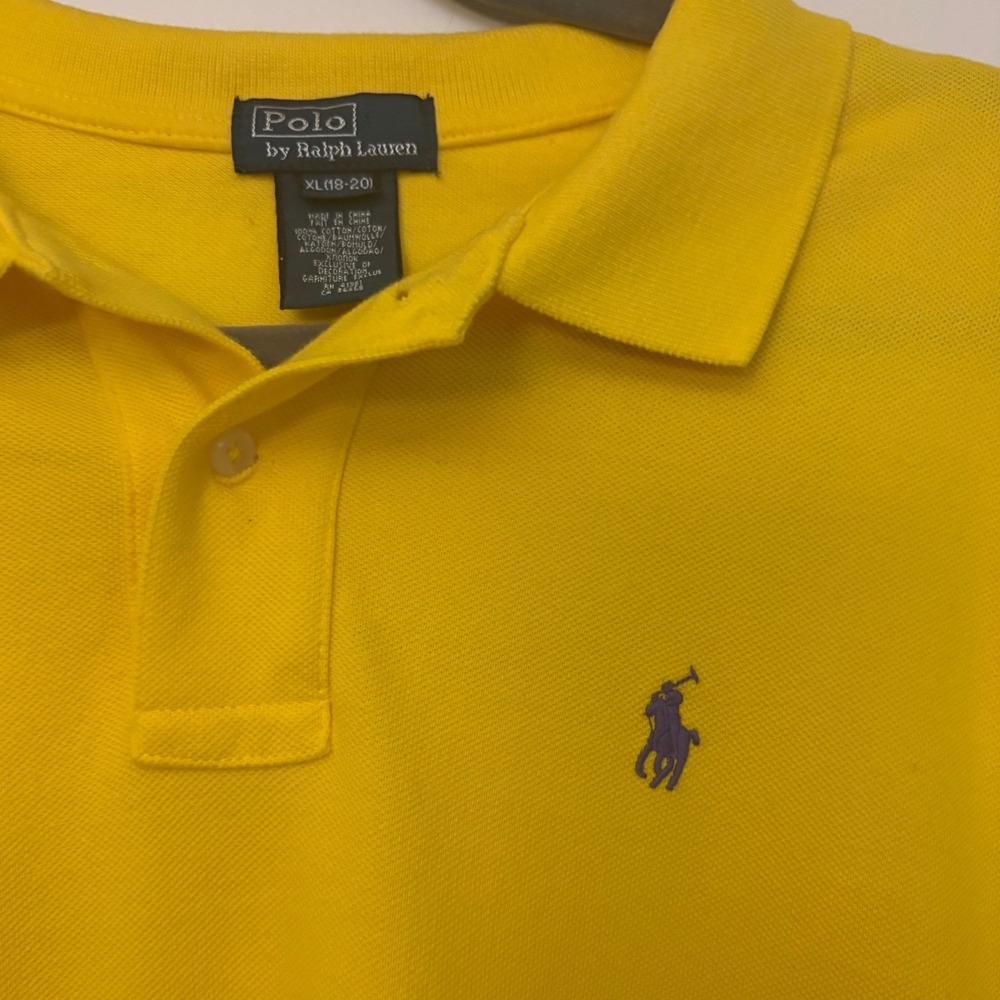 Polo Ralph Lauren Mens XL Yellow Short Sleeve Pique Polo Shirt Purple Pony Logo - Picture 2 of 9